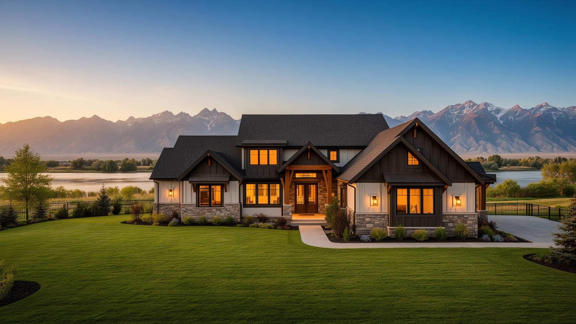 Beautiful craftsman home in Idaho Falls at golden hour with the Snake River and mountains